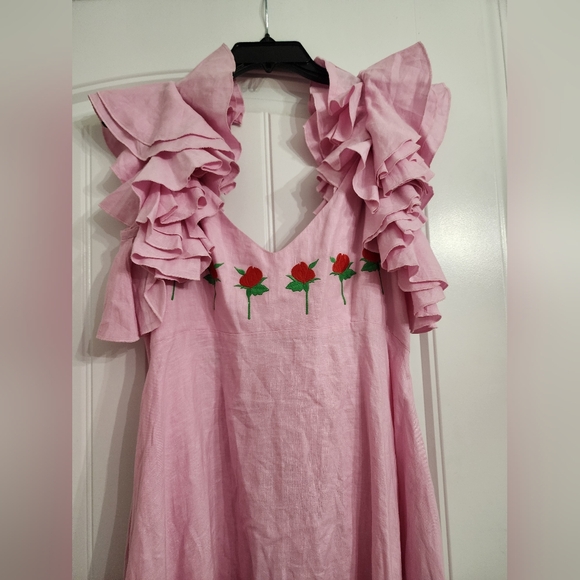 FANM MON Aster Pink DemreLinen Embroidered Maxi DressRuffle Sleeve NWT - Picture 14 of 16